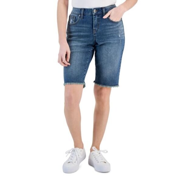 NWTS Style & Co Mid-Rise Frayed Denim Bermuda Shorts Size 4 (A1) - Picture 1 of 5